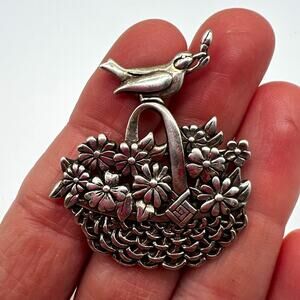 H&H Signed Sterling Silver Bird & Flower Basket Brooch Pin 2 in